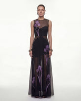 Sheer Floral Print Paneled Maxi Dress - Black