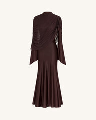 Sheer Shawl Ruched Bodycon Maxi Gown - Brown