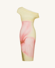 Watercolor Floral Print One-Shoulder Asymmetric Midi Dress - Yellow