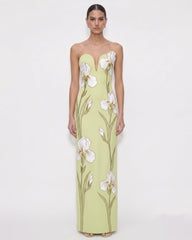 Iris EmbroideredNotch Neck Strapless Maxi Dress - Light Green