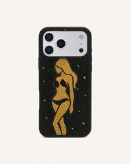 Gold Bikini Girl Artificial Crystal Phone Case - Black
