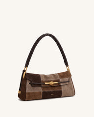 Lena Metal Rope Knot Faux Suede Patchwork Shoulder Bag - Brown Multi