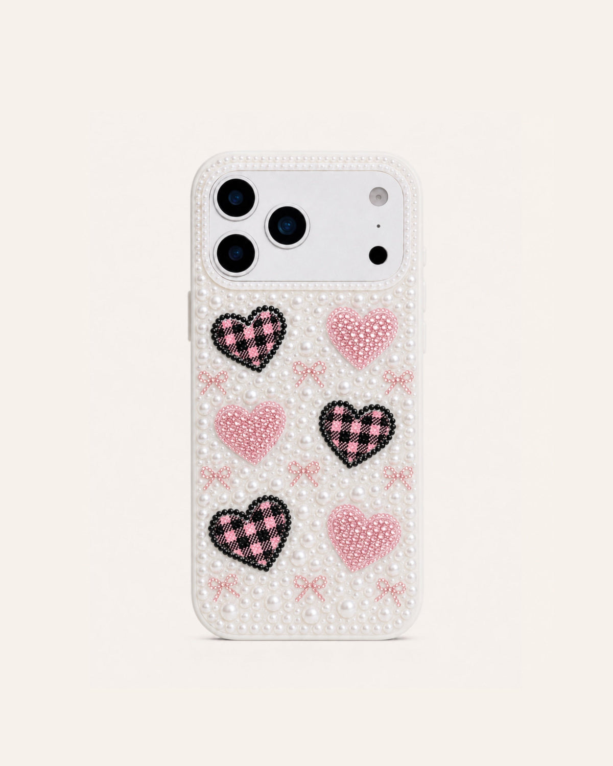 Gingham Heart Faux Pearl Phone Case - White