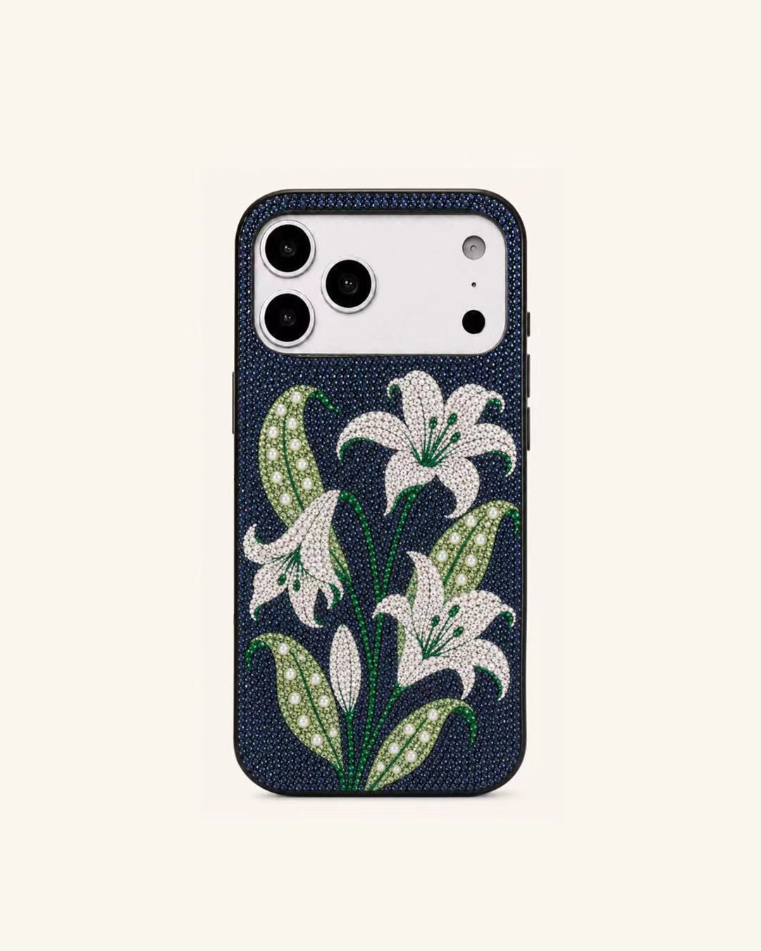 White Lily Artificial Crystal Phone Case - Black