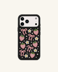 Strawberry Bow Artificial Crystal Phone Case - Black